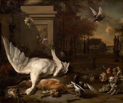 Stilleven met zwaan en wild voor een landgoed door Jan Baptist Weenix