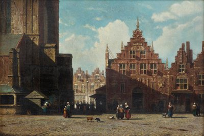 Een zonnig uitzicht op de Grote Markt met de Sint-Bavokerk en de Vleeshal, Haarlem door Jan Weissenbruch