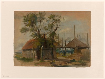 Boerenhuis met twee hooibergen door Jan Weissenbruch