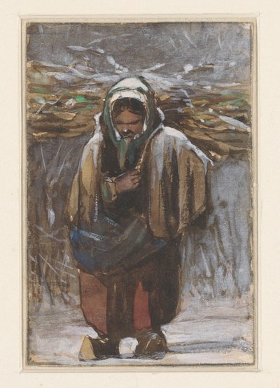 Boerin met sprokkelhout op haar rug in winterlandschap door Jan Weissenbruch