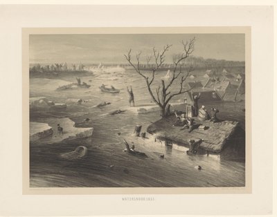 Dijkdoorbraak en onder water staande boerderijen door Jan Weissenbruch