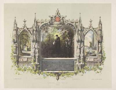 Gedenkplaat voor Laurens Coster bij de feestelijkheden rond de onthulling van het standbeeld te Haarlem, 1856 door Jan Weissenbruch