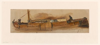 Lange schuit met schipper door Jan Weissenbruch