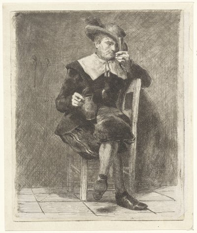 Man met kruik en glas op een stoel door Jan Weissenbruch