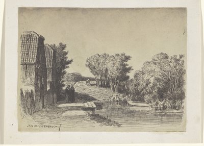 Twee huizen aan het water door Jan Weissenbruch