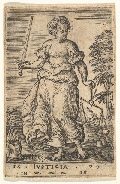 Gerechtigheid, een allegorisch figuur met een weegschaal in haar linkerhand en een zwaard in haar rechterhand, 1579 door Jan Wierix