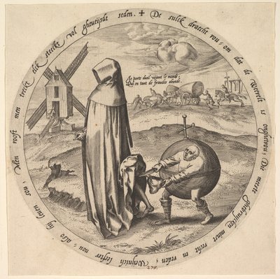 De misantroop beroofd door de wereld, uit Twaalf Vlaamse Spreekwoorden, ca. 1568 door Jan Wierix