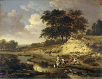 Landschap met een ruiter die zijn paard laat drinken door Jan Wijnants