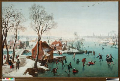 December, schaatsers op een bevroren meer door Jan Wildens