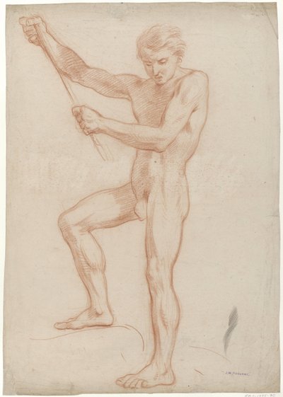 Staand mannelijk naakt, in de geheven armen een stok houdend door Jan Willem Pieneman