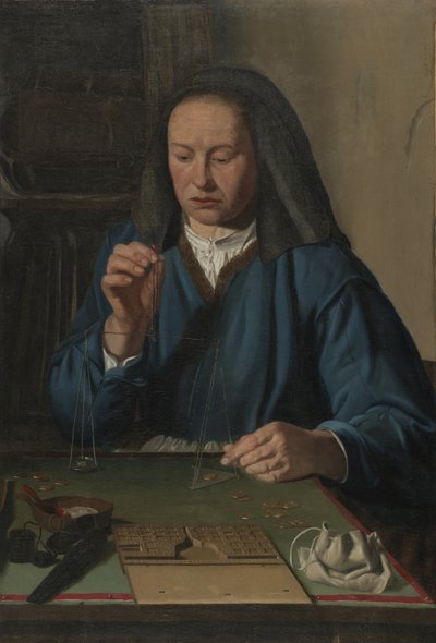 Vrouw die goud weegt door Jan Woutersz.