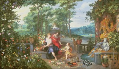 Flora en nimfen in een tuin door Jan and Balen, Hendrik van Brueghel