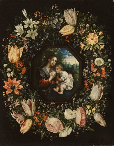 Madonna en Kind in een bloemenkrans, c.1625 door Jan and Balen, Hendrik van Brueghel