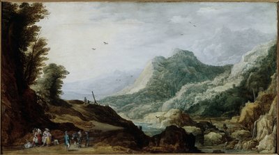 Berglandschap met een boerenfamilie langs de weg (ca. 1620-1630) door Jan and Momper Joos de  Brueghel