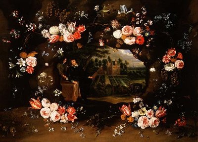 Bloemenslinger die een Medaillon Omcirkelt met Nicolas de Man voor zijn Eigendom in Antwerpen, 1653 door Jan and Uden Brueghel