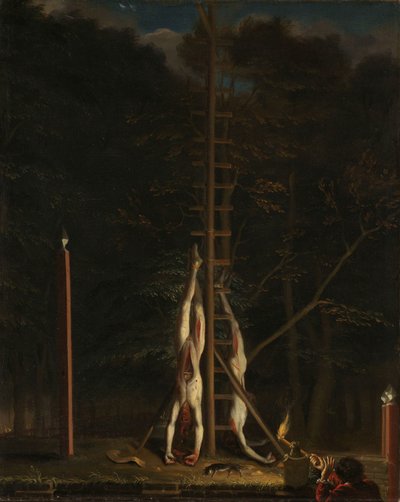 De lijken van de gebroeders De Witt, Jan en Cornelis, hangend aan de Groene Zoodje op de Vijverberg, Den Haag, 1672 door Jan de Baen (attributed to)