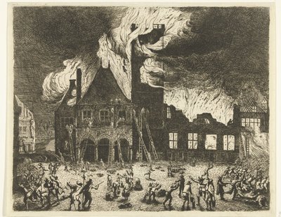 Het oude stadhuis van Amsterdam in brand door Jan de Baen