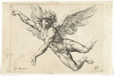 Studie voor een naakte, vliegende engel door Jan de Bisschop