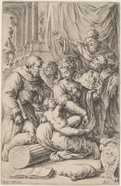 Heilige Familie met heiligen door Jan de Bisschop, after Giorgio Vasari