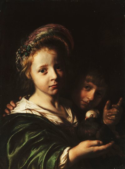 Een meisje met een duif en een jongen die gebaren maakt door Jan de Bray