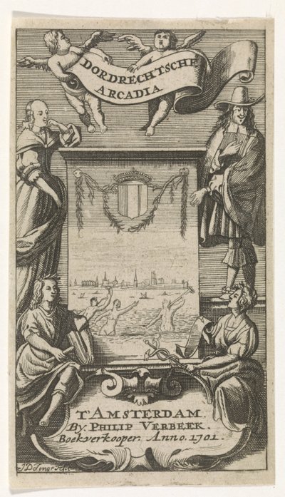 Vier figuren rondom kader met gezicht op Dordrecht door Jan de Jonge