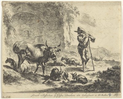 Herder rustend op zijn staf bij een ruïne door Jan de Visscher