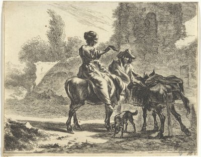 Herders en ezels bij een drinkbak door Jan de Visscher
