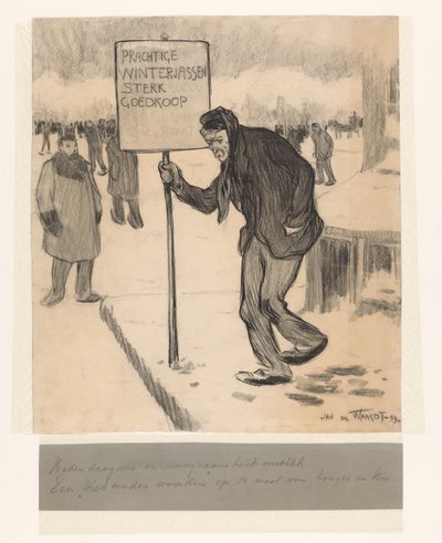 Straatverkoper met bord Prachtige winterjassen sterk goedkoop door Jan de Waardt (signed by artist)