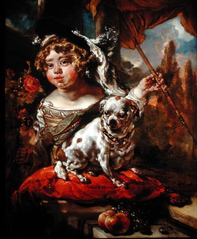 Portret van een jongen met een gevederde hoed, een valk en een speer, met een mopshond voor hem door Jan or Joan van Noordt