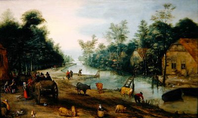 Een bebost rivierlandschap in de zomer met reizigers die bij een herberg aankomen door Jan the Elder (circle of) Brueghel