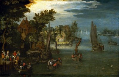 De levendige oever van een rivier, met Nederlandse boten en passagiers die aan boord gaan van een veerboot voor de oversteek door Jan the Elder (circle of) Brueghel