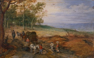 Een bebost landschap met reizigers door Jan the Elder Brueghel