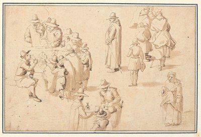 Een fontein in Spa met studies van elegante figuren die het water nemen en van twee monniken en een priester door Jan the Elder Brueghel