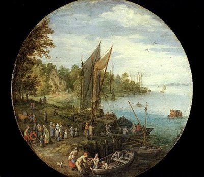 Een beboste riviermonding met een veerboot door Jan the Elder Brueghel