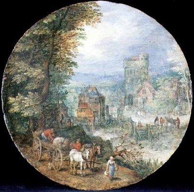 Een uitgestrekt bebost landschap met stad, molen en boeren door Jan the Elder Brueghel