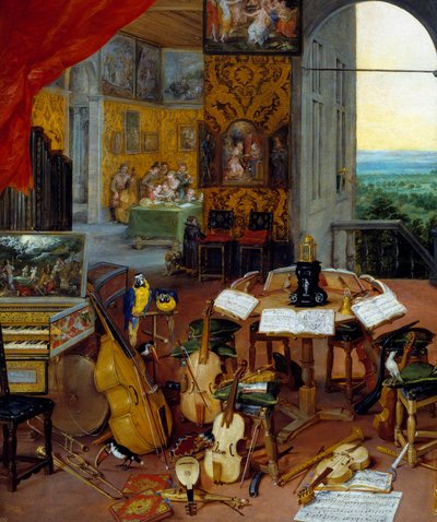 Detail gehoor met muziekinstrumenten (cello, viool, luit, fluit, klavecimbel). door Jan the Elder Brueghel
