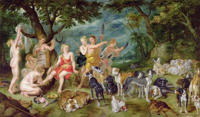 Diana en haar nimfen bereiden zich voor op de jacht door Jan the Elder Brueghel