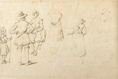 Vijf figuren van achteren gezien, en een andere figuur door Jan the Elder Brueghel