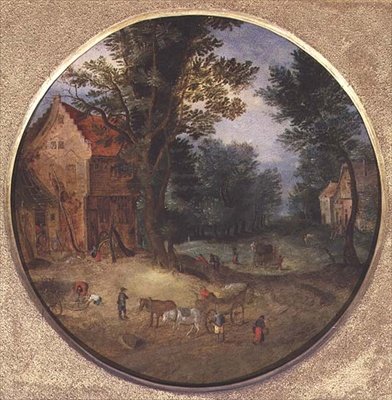 Vlaams Landschap met Karren en Figuren door Jan the Elder Brueghel