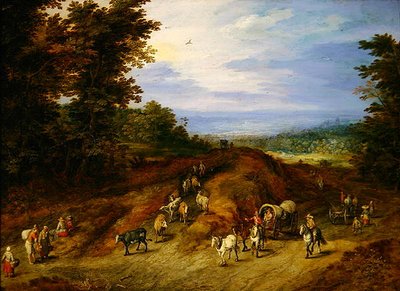 Landschap met boeren, karren en dieren door Jan the Elder Brueghel