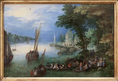 Rivierscène of de barkage door Jan the Elder Brueghel