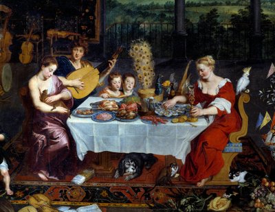 De smaak. Detail van een maaltijd met zeevruchten, gevogelte in aanwezigheid van muzikanten door Jan the Elder Brueghel