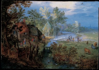 Dorp met boeren en dieren door Jan the Elder Brueghel