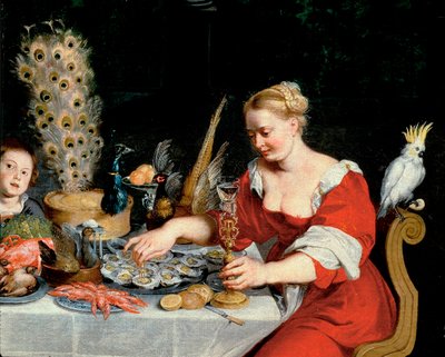 Vrouw die oesters eet, detail. door Jan the Elder Brueghel