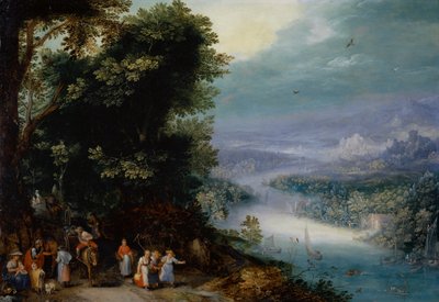 Bosrijke rivier vallei met weg, ca. 1602 door Jan the Elder Brueghel