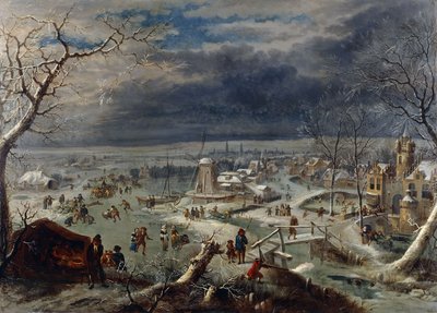 Een Winterlandschap met Schaatsers op een Bevroren Waterweg bij een Dorp, een Jager op de Voorgrond, Antwerpen op de Achtergrond door Jan the Elder Griffier