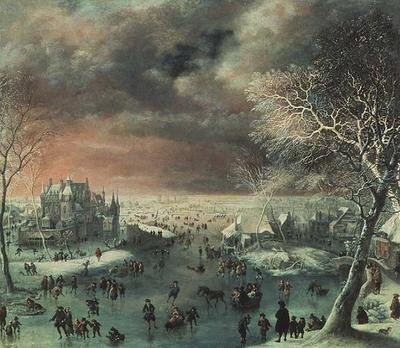 Een winterlandschap met figuren op het ijs door Jan the Elder Griffier