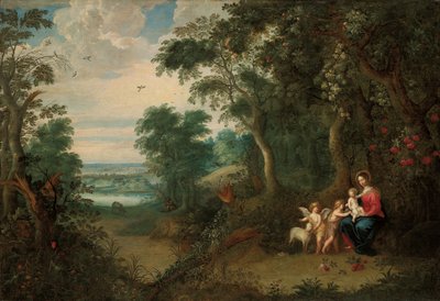Een boslandschap met de Maagd en Kind, de jonge Johannes de Doper en een engel door Jan Brueghel the Younger