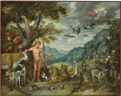 Adam die de dieren een naam geeft, uit Het verhaal van Adam en Eva door Jan Brueghel the Younger