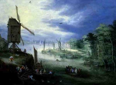 Rivierlandschap met molens door Jan the Younger Brueghel
